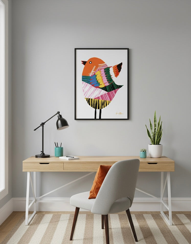 Colourful bird illustration with abstract patterns on a white background In a modern home office