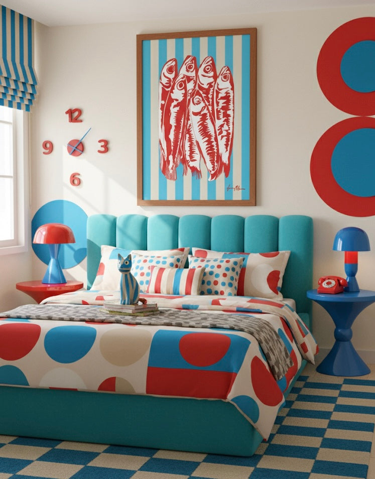 Red sardines large framed art print illustration on a blue and beige striped background on a retro bed room wall.