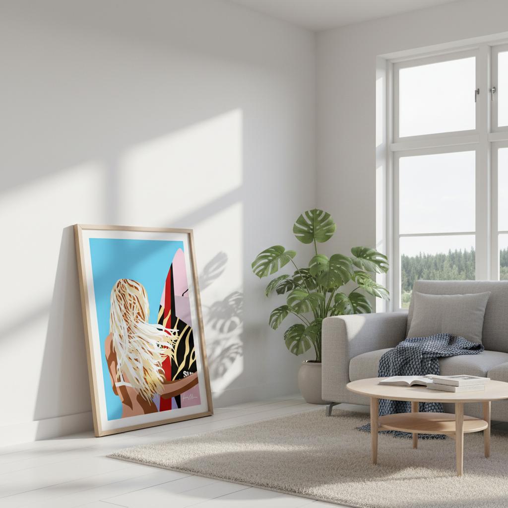 Surf girl pop art vibrant framed canvas print leaning against a wall, in a modern home. 