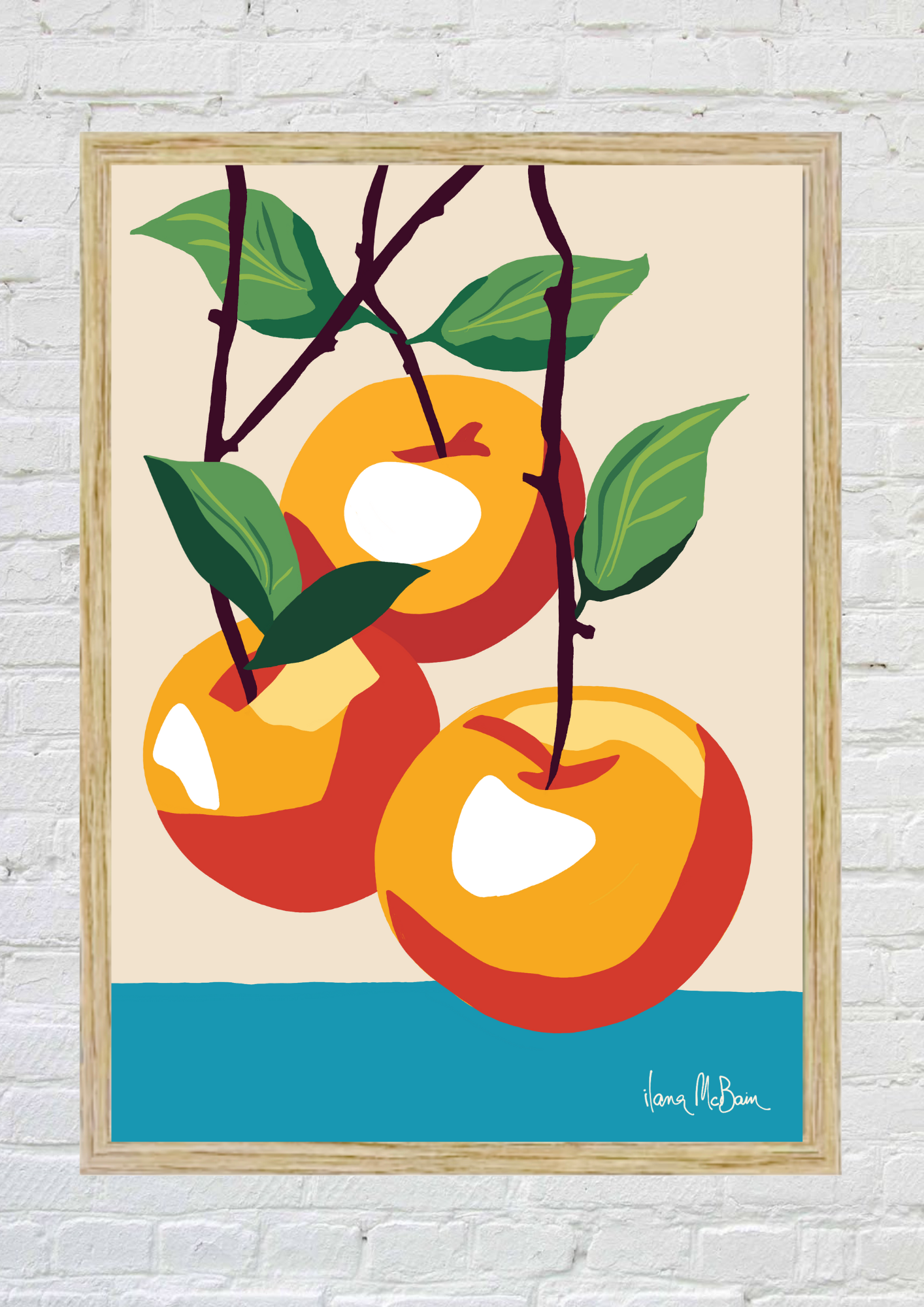 Illustration of apples on a branch with leaves against a beige background