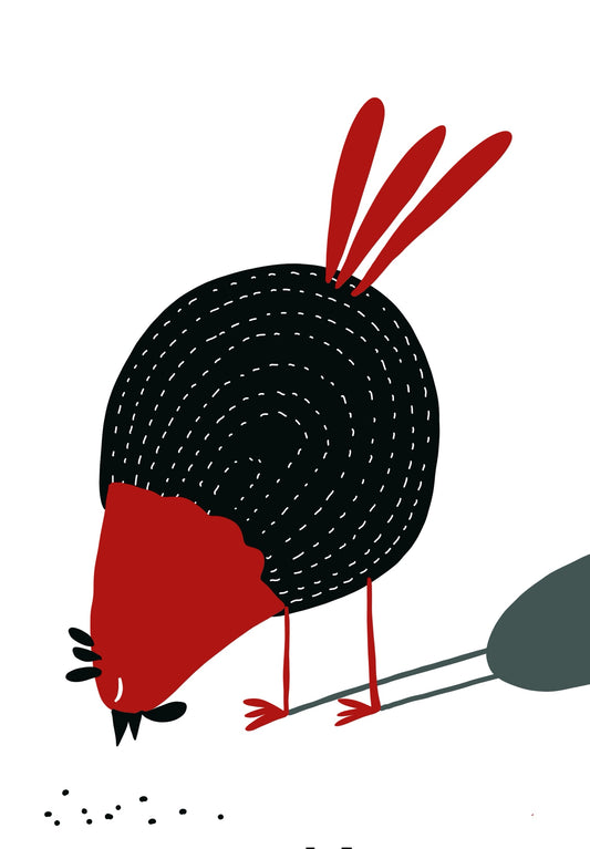 Busy contemporary chicken art print by Ilana McBain featuring a bold red and black whimsical hen on a light background.