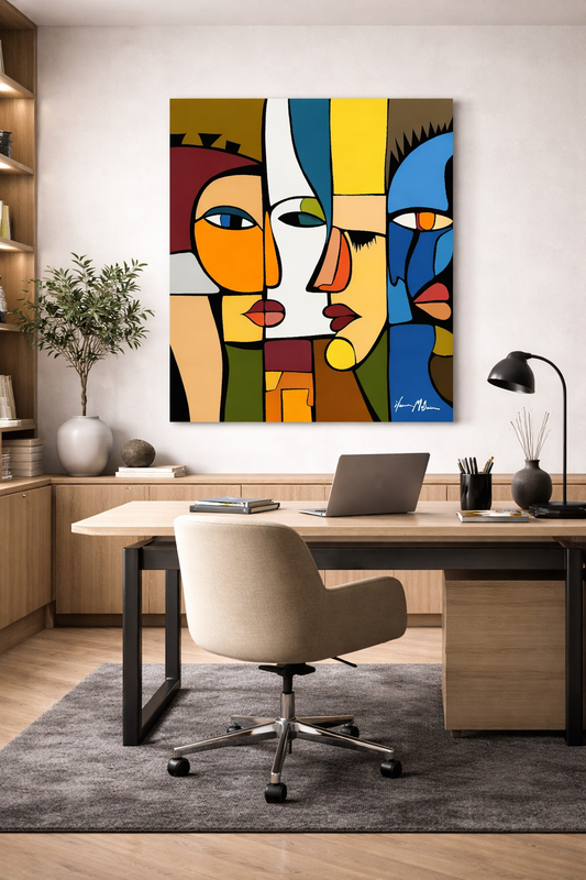 76 x 102 cm canvas print from the “Forms of Connections” collection displayed in a contemporary modern office. The artwork features overlapping abstract faces in bold geometric shapes with warm ochre, blue, olive, mustard, and terracotta tones outlined in black. It hangs above a minimalist light wood desk with black metal legs, styled with a laptop, books, and a sculptural desk lamp. Built-in timber shelving, a neutral office chair, textured rug, and indoor plant complete the refined, professional workspace