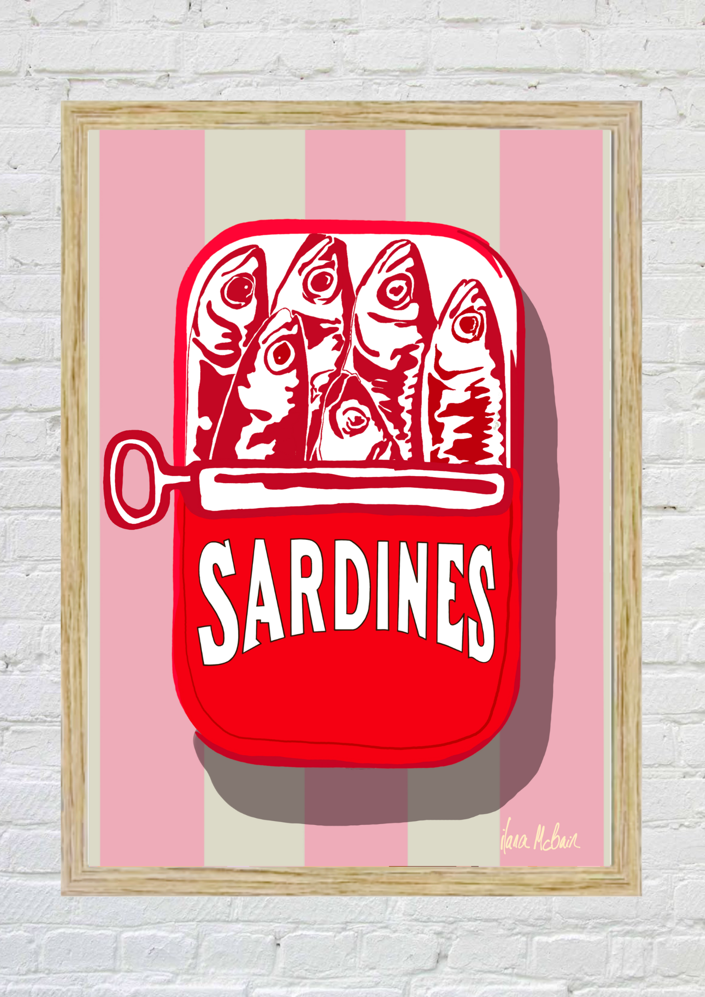 Framed artwork of a red sardine can with fish on a pink and white striped background.