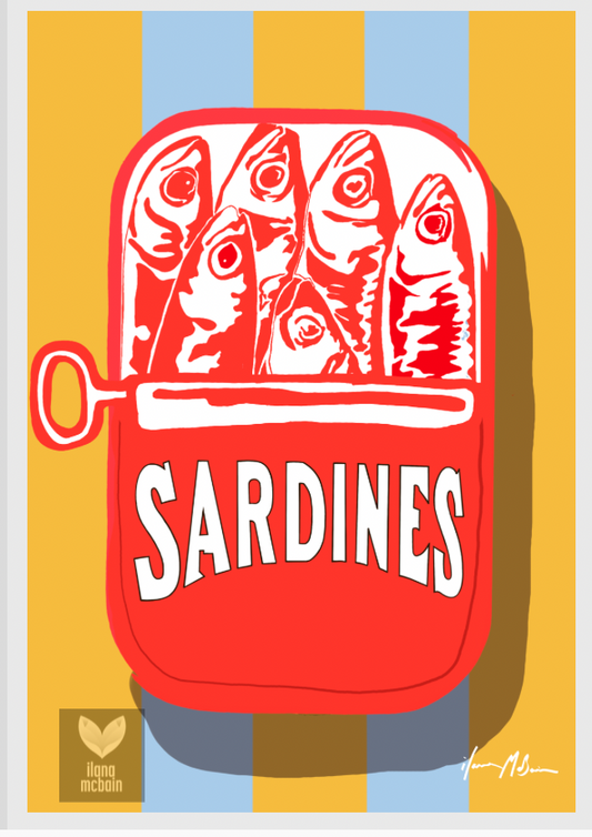 Pop art painting Illustration of sardine in a red can with on a striped gold and blue background