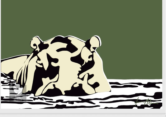 Boss of the River day Edition by Ilana McBain, a contemporary hippo artwork in dark tones symbolising quiet authority, grounded confidence, and emotional strength.