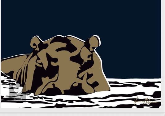 Boss of the River Night Edition by Ilana McBain, a dark contemporary hippo artwork representing quiet authority, protection, and grounded confidence.
