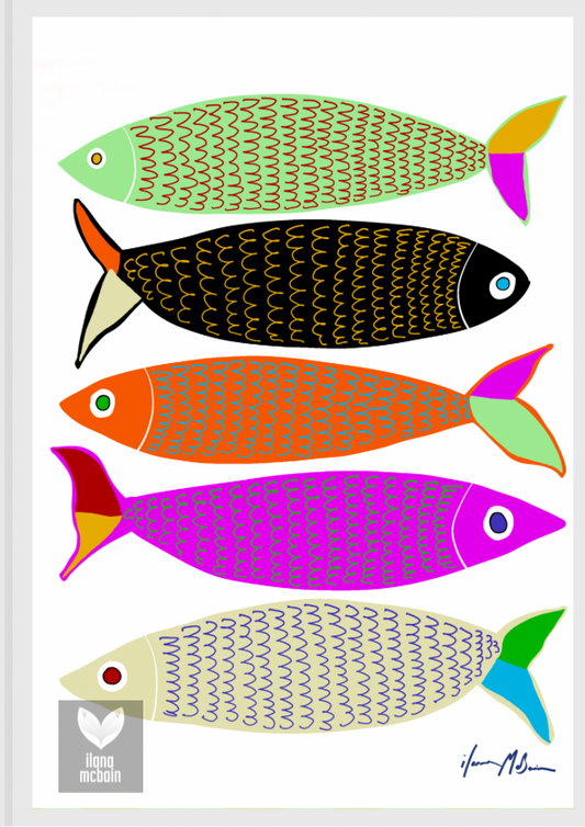 Sardines chic art print. Five colourful whimsical sardines stacked one on top of another. 