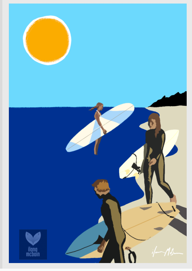 A painting of surfers on a beach with a blue sky and sun.