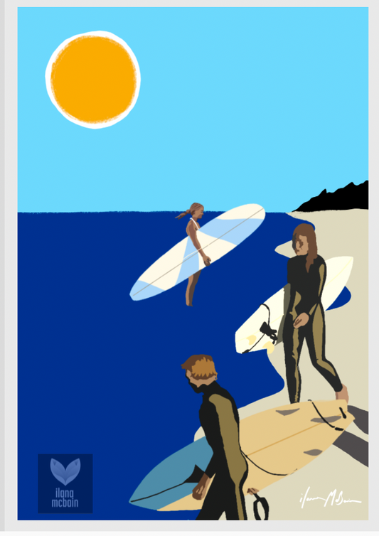 A painting of surfers on a beach with a blue sky and sun.