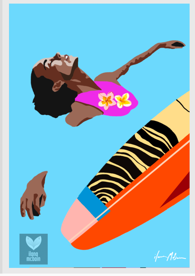 painting of a woman in a pink swimsuit with frangipani flowers, floating on calm blue water with her colourful surfboard.