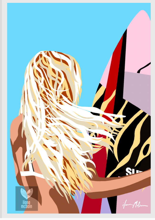 Illustration of a woman with long blonde hair holding a colourful surfboard against a blue background