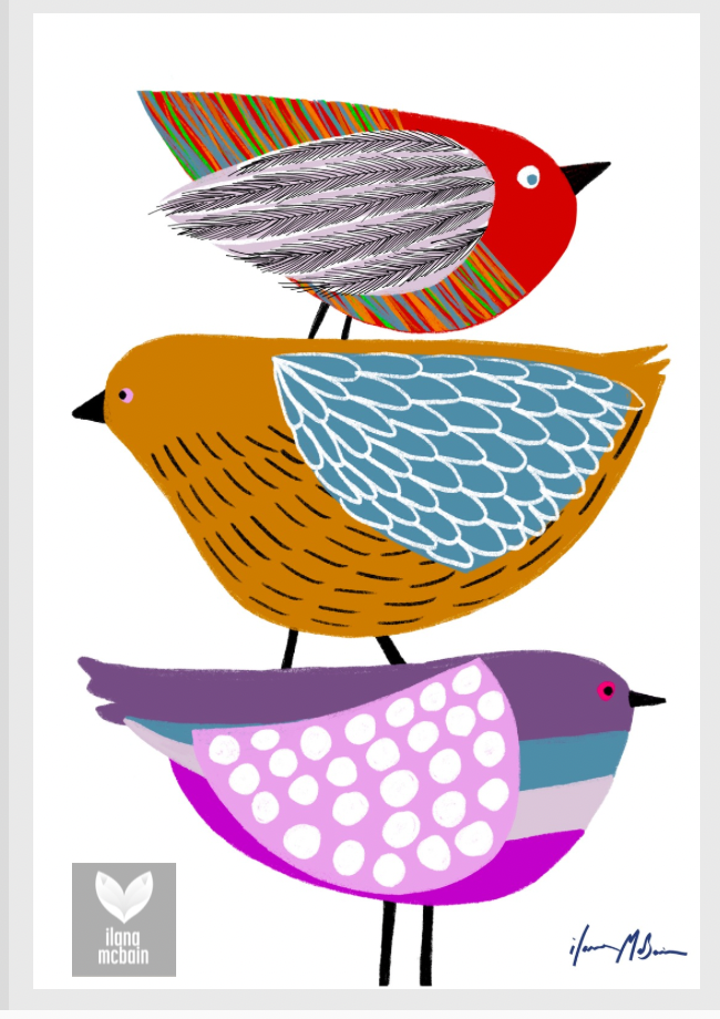Painting of three stylised birds with colourful patterns on a white background