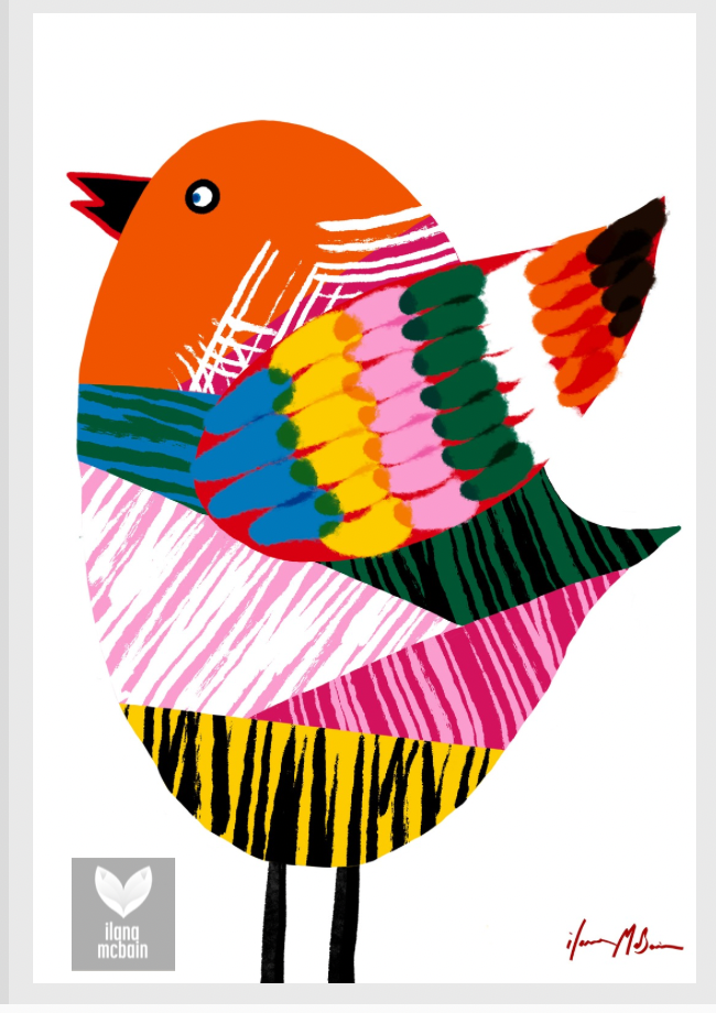 Painting of colourful abstract bird on a white background