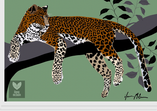 Painting of a leopard on a branch with green leaves in the background. Art print.