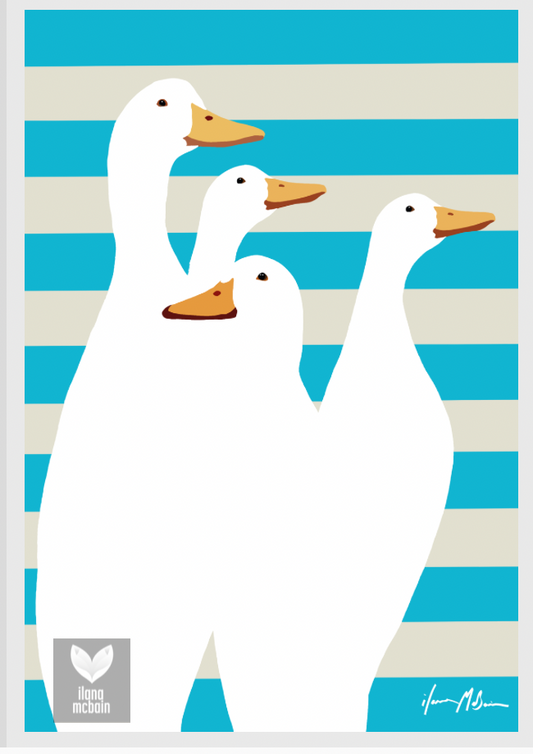 Painting of four white ducks with orange beaks on a blue and beige striped background. Art print.