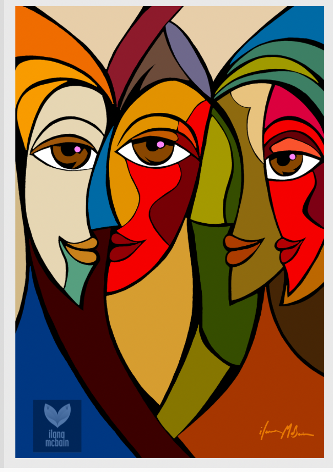 Abstract Intimacy – Exclusive Painting Ilana McBain. Abstract artwork of three stylised faces with colourful geometric shapes. Art print.