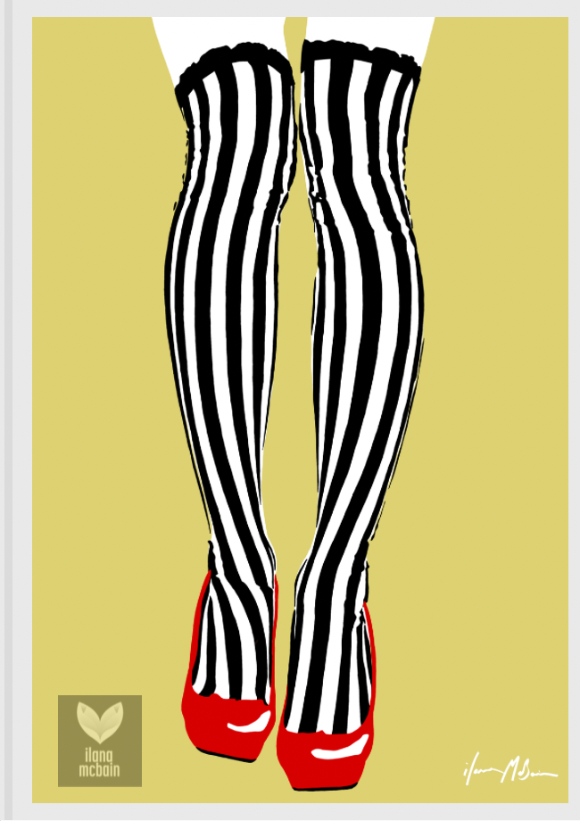 Painting of Black and white striped tights with red shoes on a golden yellow background