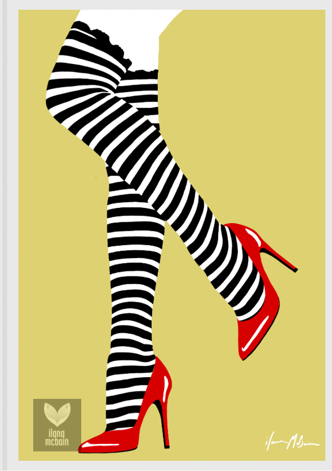 Painting of Black and white striped stockings with red high heels on a golden yellow background.