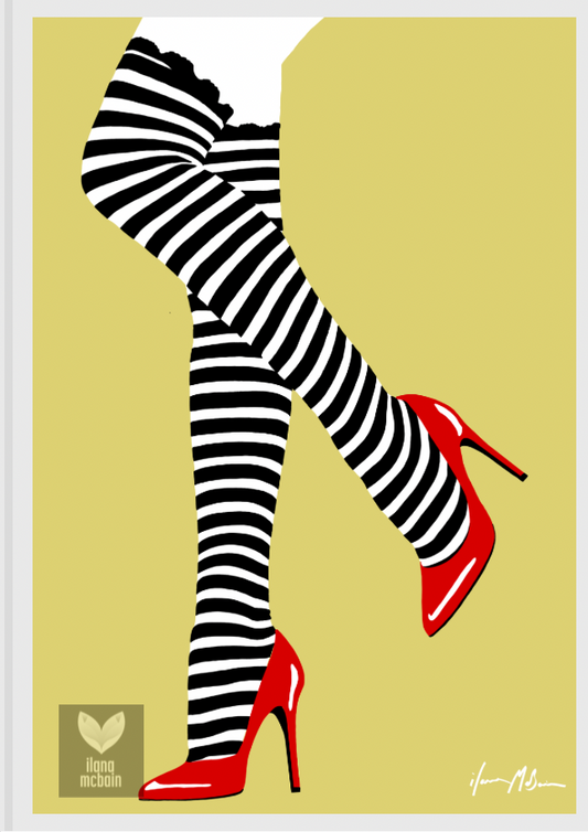 Painting of Black and white striped stockings with red high heels on a golden yellow background.