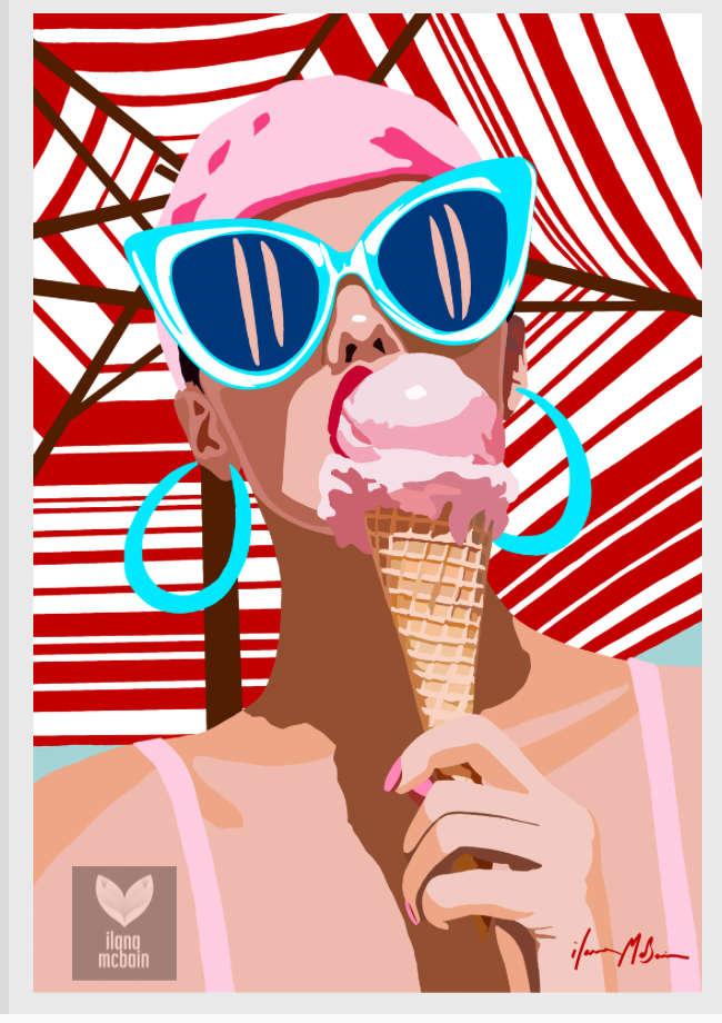 Fine art painting of a girl wearing retro sunglasses and eating an ice cream cone against a striped beach umbrella background.