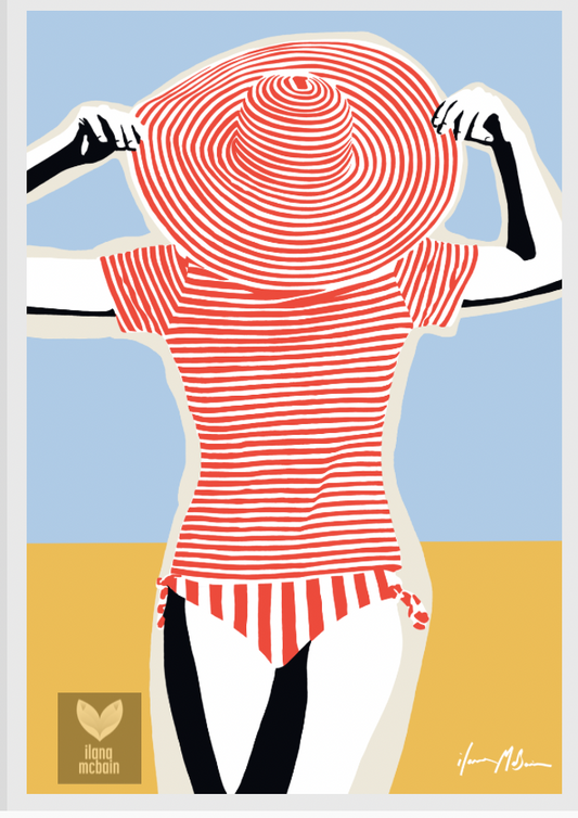 Art print painting of a woman wearing a red and white striped swimsuit with a matching large hat against a blue sky and sand background.
