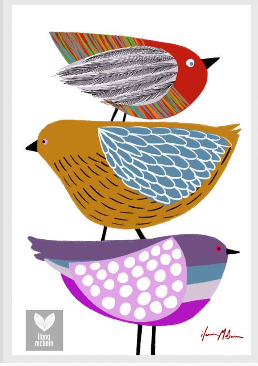 Stack of birds by Ilana McBain. Three stylised birds with colourful patterns on a white background