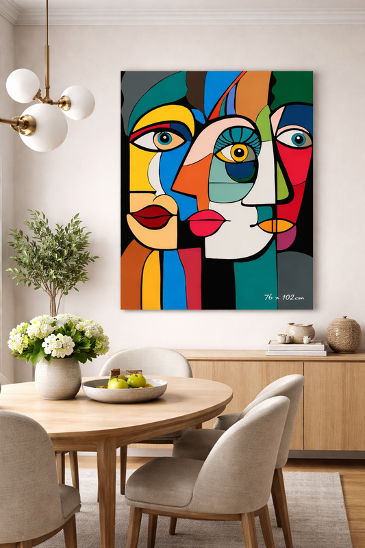 76 x 102 cm canvas print from the “Forms of Connections” collection displayed in a refined modern dining room. The artwork features three overlapping abstract faces in bold geometric blocks of blue, yellow, orange, teal, grey, pink, red, and green with strong black outlines and striking eyes. It hangs above a light wood sideboard against a soft neutral wall, styled with ceramic vessels and stacked books. In the foreground, a round timber dining table with upholstered beige chairs, a floral arrangement, and 