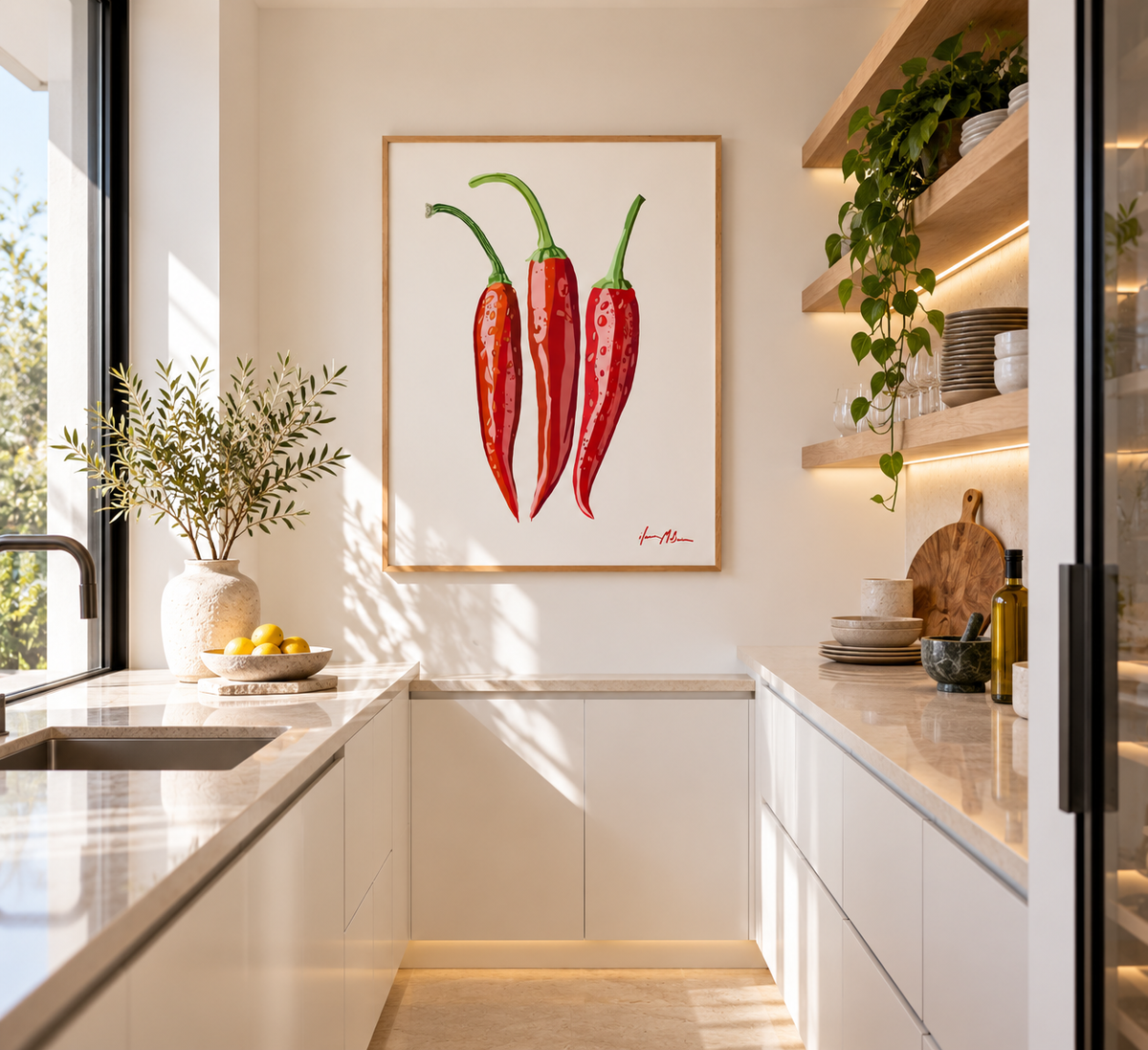 Fresh Heat contemporary chilli art print by Ilana McBain displayed in a bright modern butler’s pantry with white cabinetry, pale stone benchtops and light timber shelving.