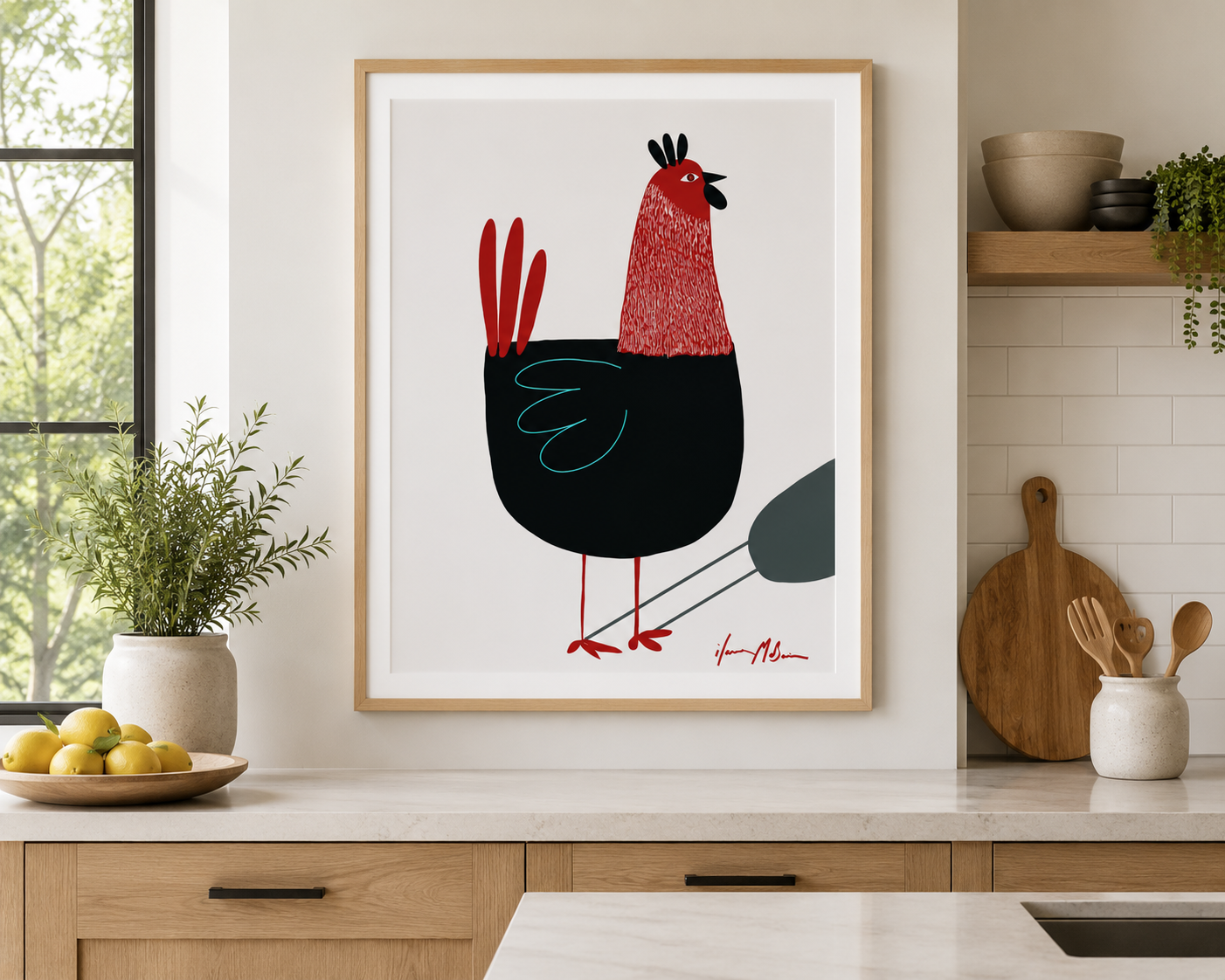 Stylised red and black chicken named Grouch in a birch wood frame with white border, contemporary kitchen wall art by Australian artist Ilana McBain.