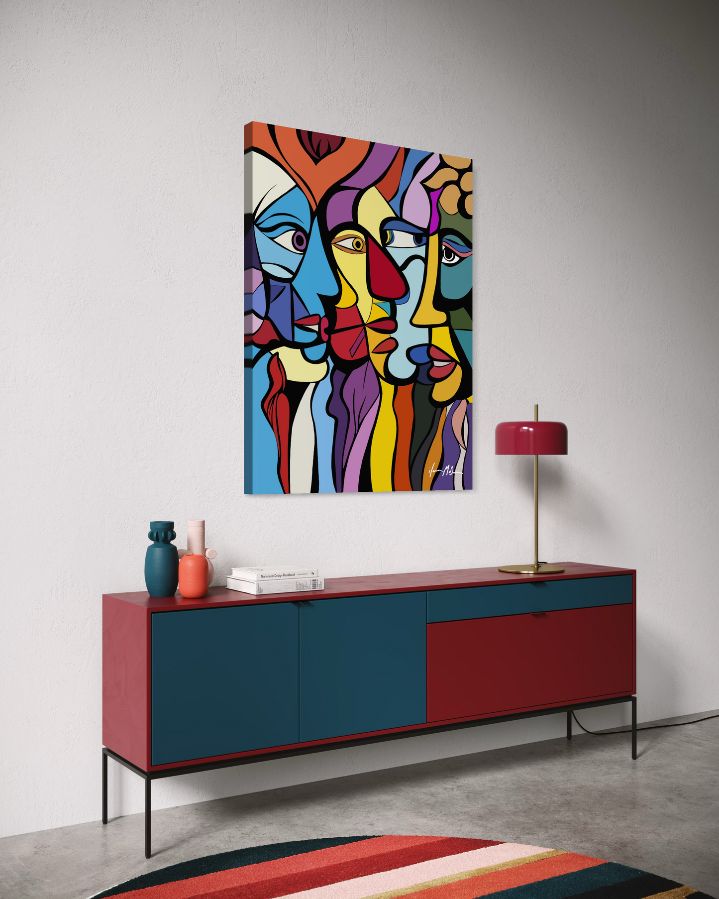Modern abstract painting “Intertwined” by Ilana McBain displayed in stylish interior mock-up, flowing organic forms symbolising interconnected human relationships. Side view.