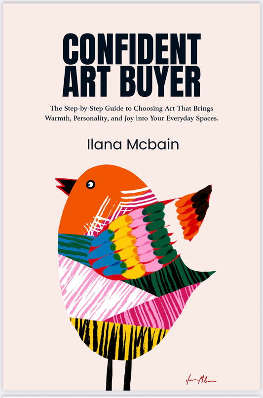 Book cover of 'Confident Art Buyer' with a colorful bird illustration on a light background