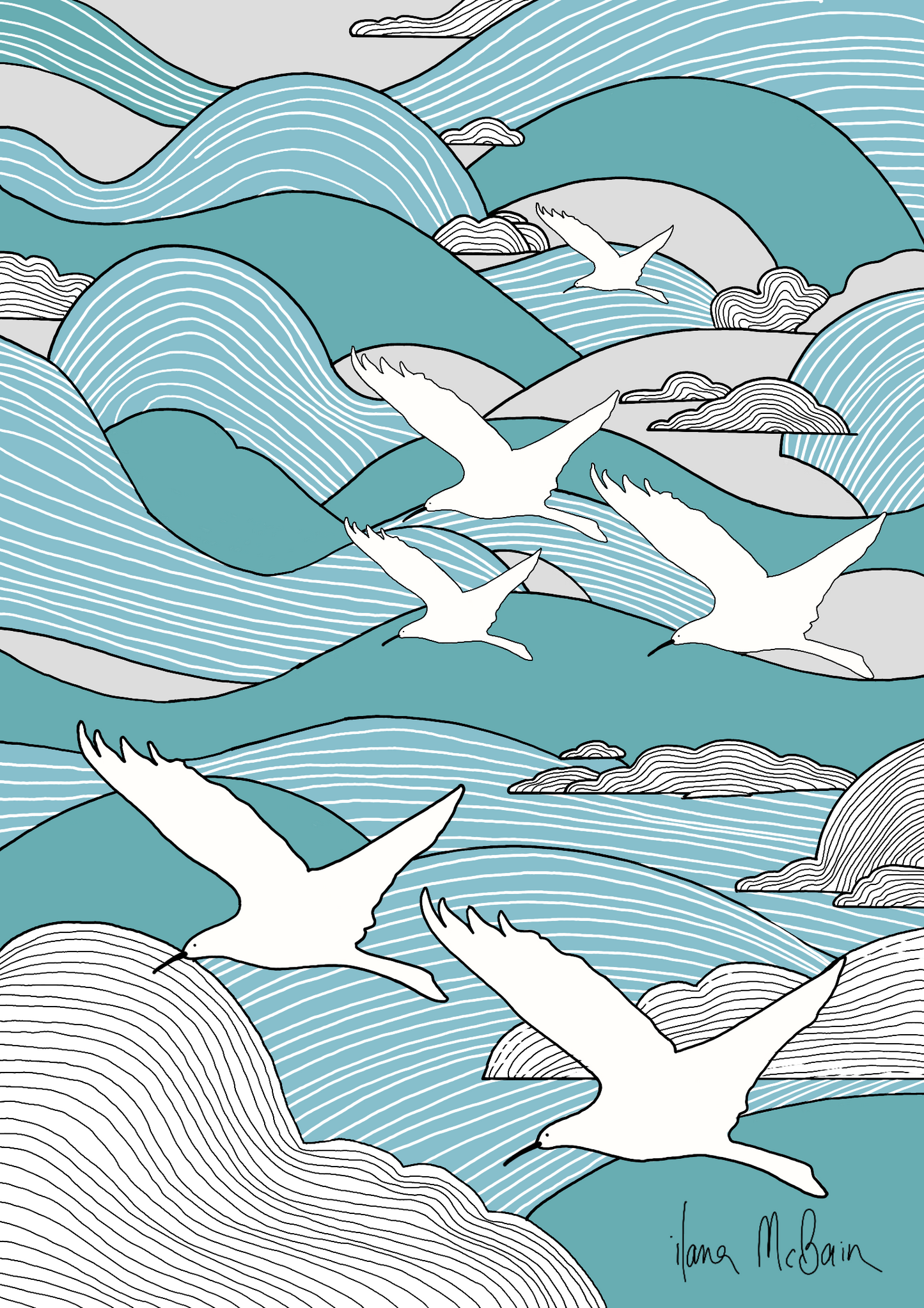 Soaring Spirits – Elegant Birds Above the Clouds Art Print by Ilana McBain