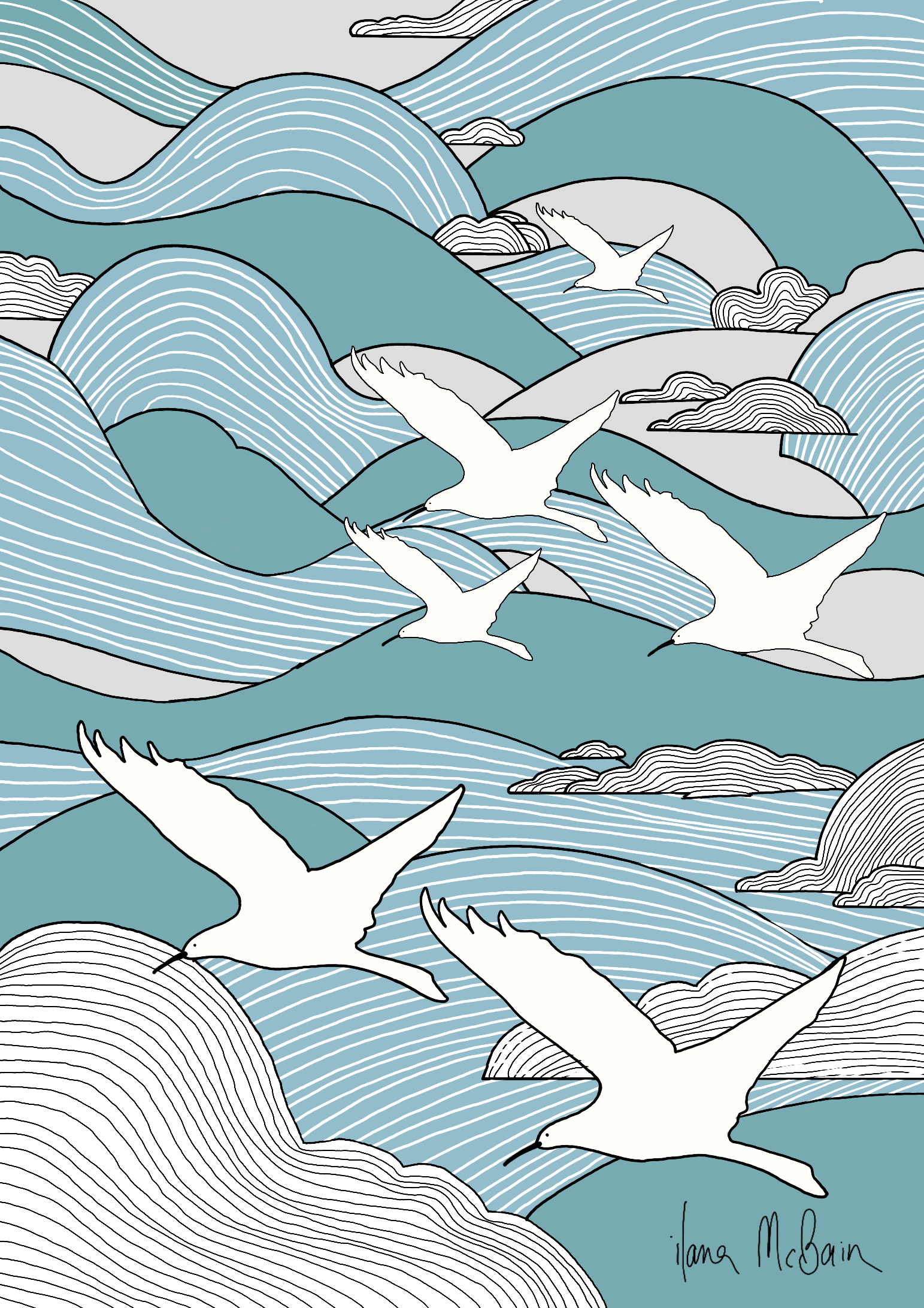 Soaring Spirits – Elegant Birds Above the Clouds Art Print by Ilana McBain