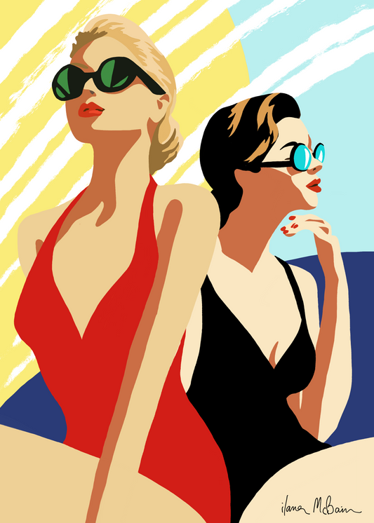 Two women in swimsuits with sunglasses against a colorful abstract background