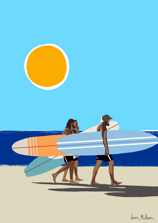 Three people with surfboards walking on a beach under a blue sky with a yellow sun.