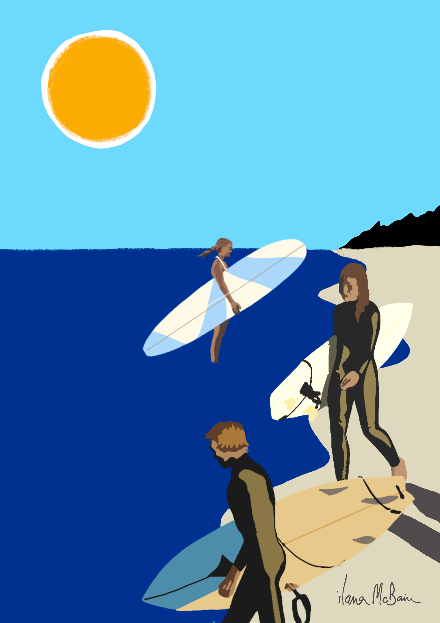 Illustration of people with surfboards on a beach under a blue sky with a sun.
