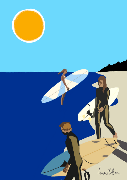 Illustration of people with surfboards on a beach under a blue sky with a sun.