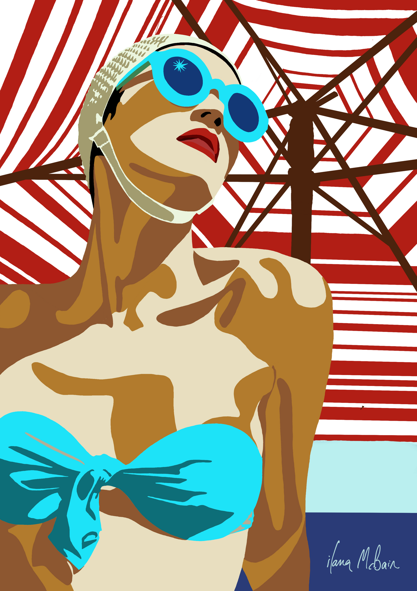Artistic depiction of a woman in a blue bikini and sunglasses against a red and white striped background.
