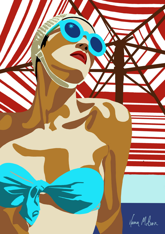 Artistic depiction of a woman in a blue bikini and sunglasses against a red and white striped background.