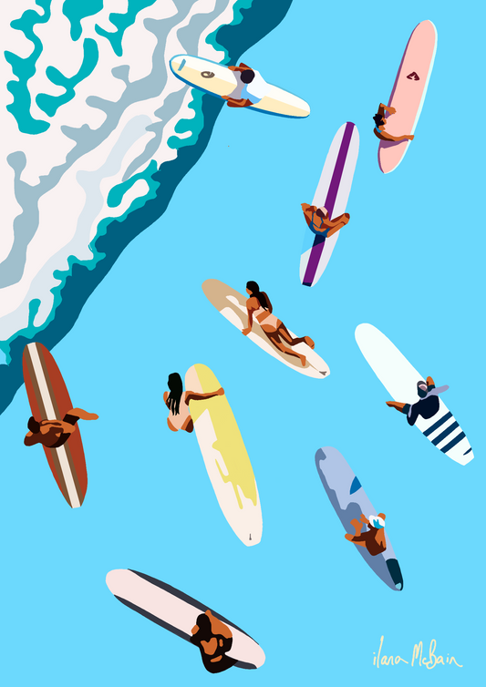 Illustration of surfers on their boards with a wave in the background