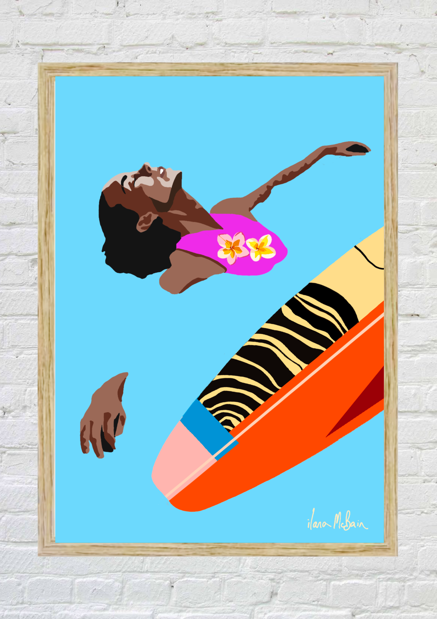 Framed artwork of a woman with a floating surfboard on a blue ocean background