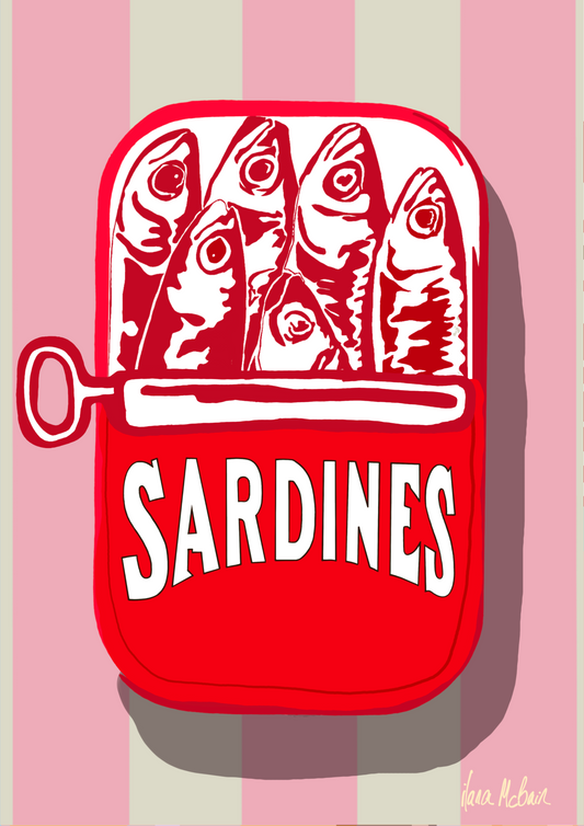Red sardine can with fish illustration on a pink and white striped background
