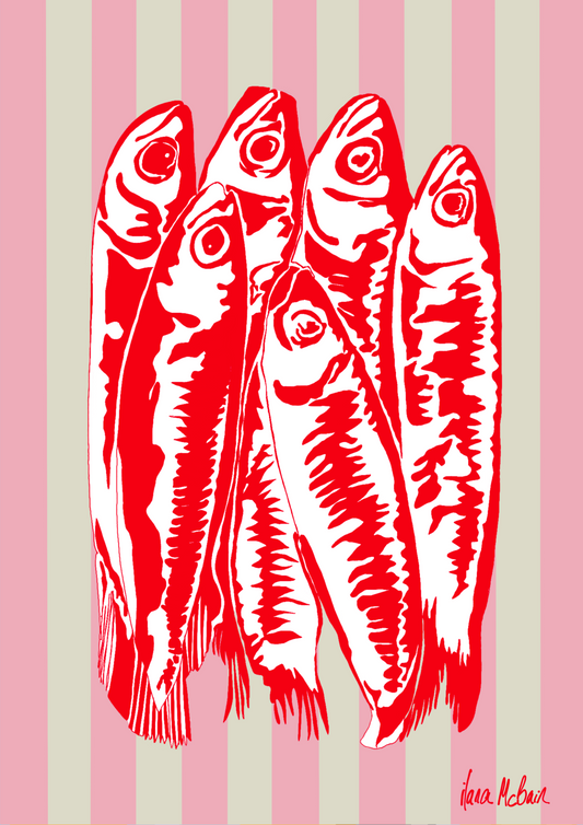 Red and white sardines illustrations on a striped background