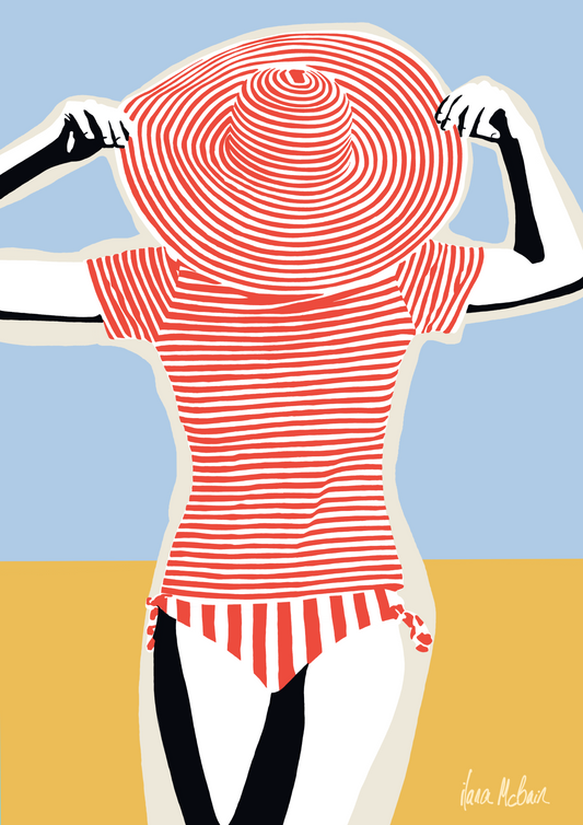 Artistic pop art depiction of a woman wearing large red striped hat and a red and white striped swimsuit against a blue and yellow background.