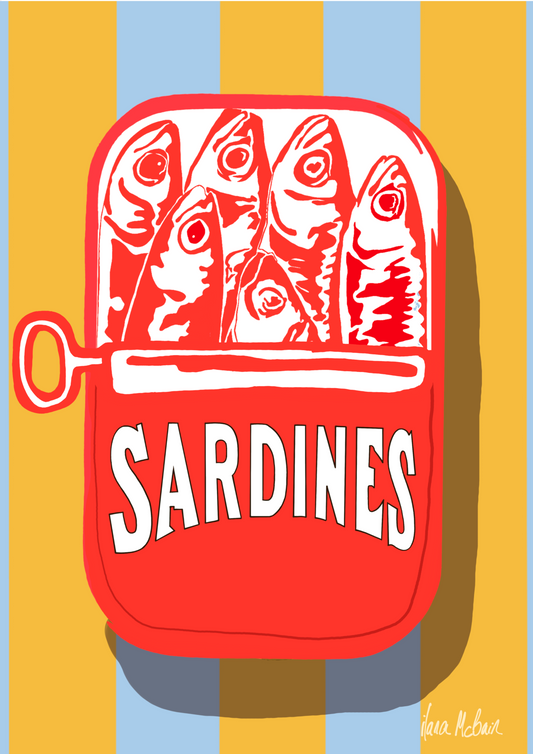 Artwork of a red sardine can with fish illustration on a yellow and blue striped background.