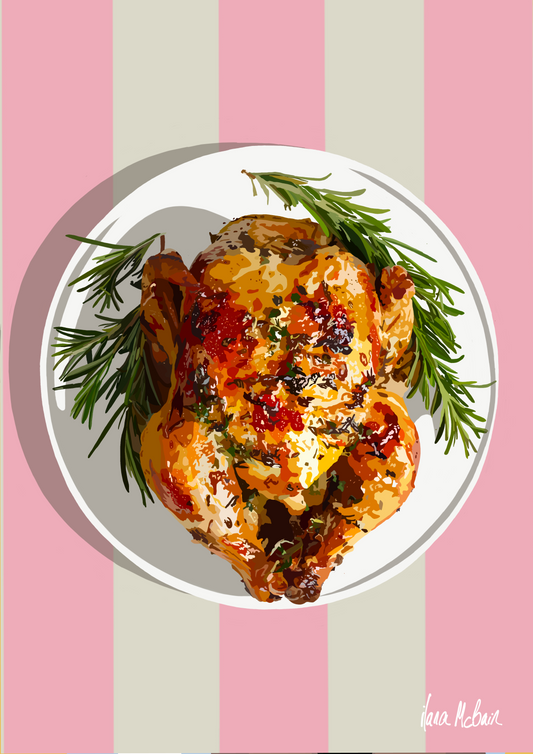Artwork of a roasted chicken on a white plate with rosemary, against a pink and gray striped background.