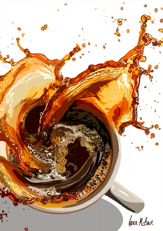 Artistic depiction of a coffee cup with splashing liquid