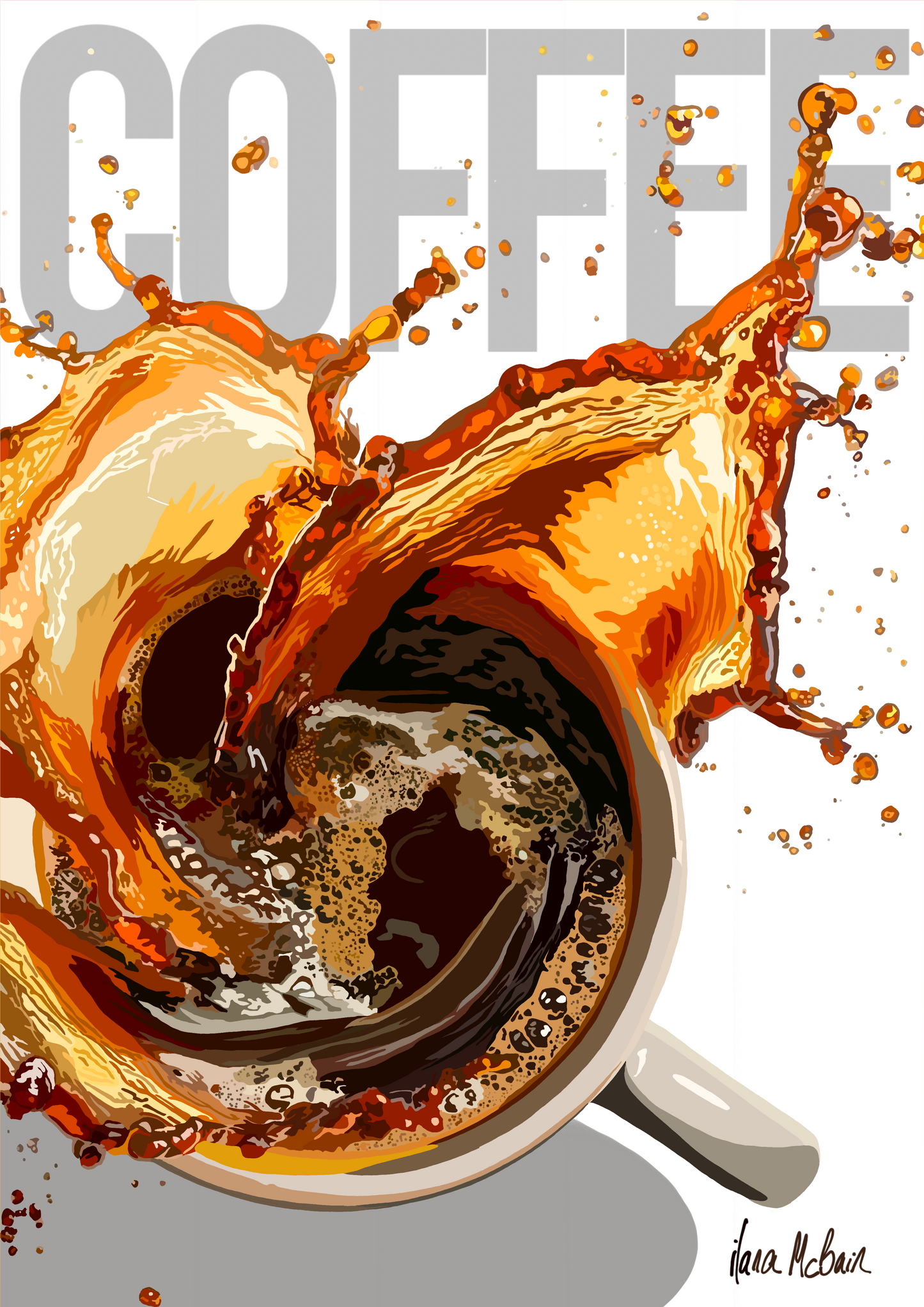 Artistic depiction of a coffee cup with splashing coffee and the word 'COFFEE' above.