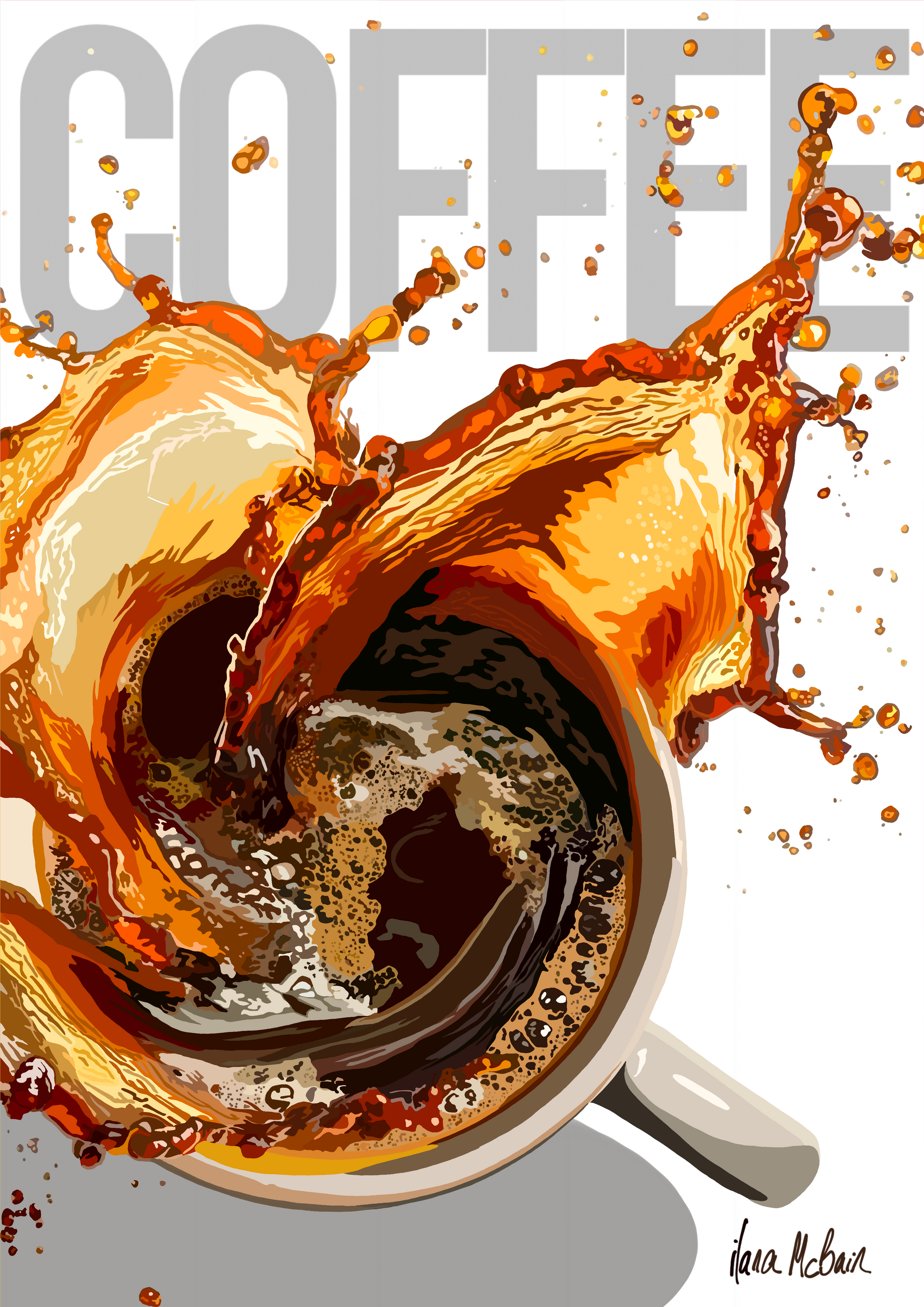 Artistic depiction of a coffee cup with splashing coffee and the word 'COFFEE' above.