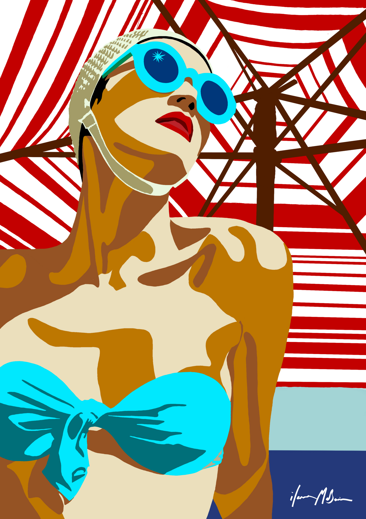 Artistic pop art depiction of a woman in a blue bikini and sunglasses against a red and white striped background.